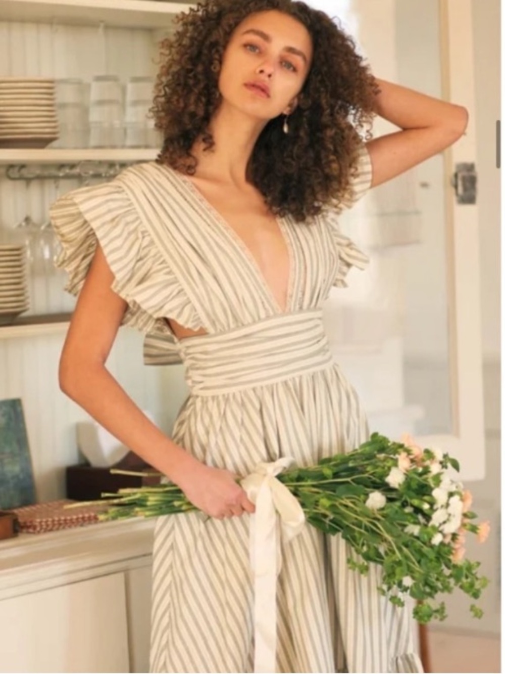 Une Femme Luisa House Dress in Striped Cotton with Ruffle Sleeves XS